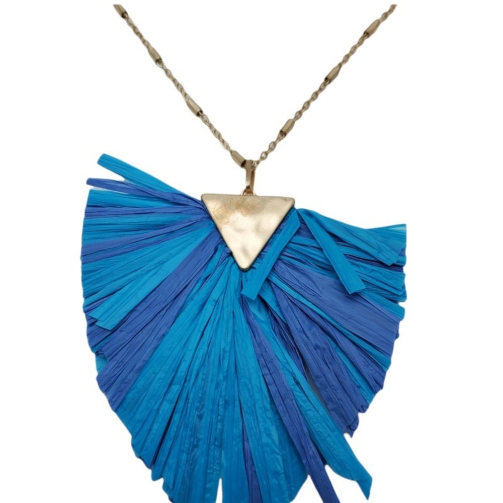 Crave Long Blue Raffia Fringe Fan Pendant Necklace Gold Tone Chain Statement